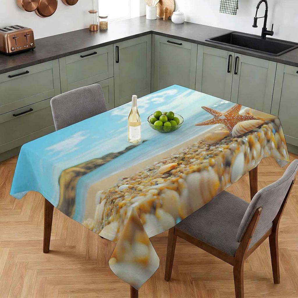 Summer Beach Shell Starfish Rectangle Tablecloth for Table Decor Blue Ocean Theme Kitchen Dining Table Cloth Holiday Party Decor