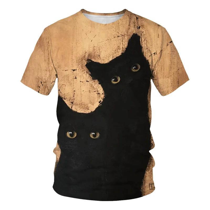 Childish Fun Men Women Short Sleeved Casual Loose Top Brief Strokes Cat Pattern Men's T-shirt Summer Round Neck Sportswear Tops