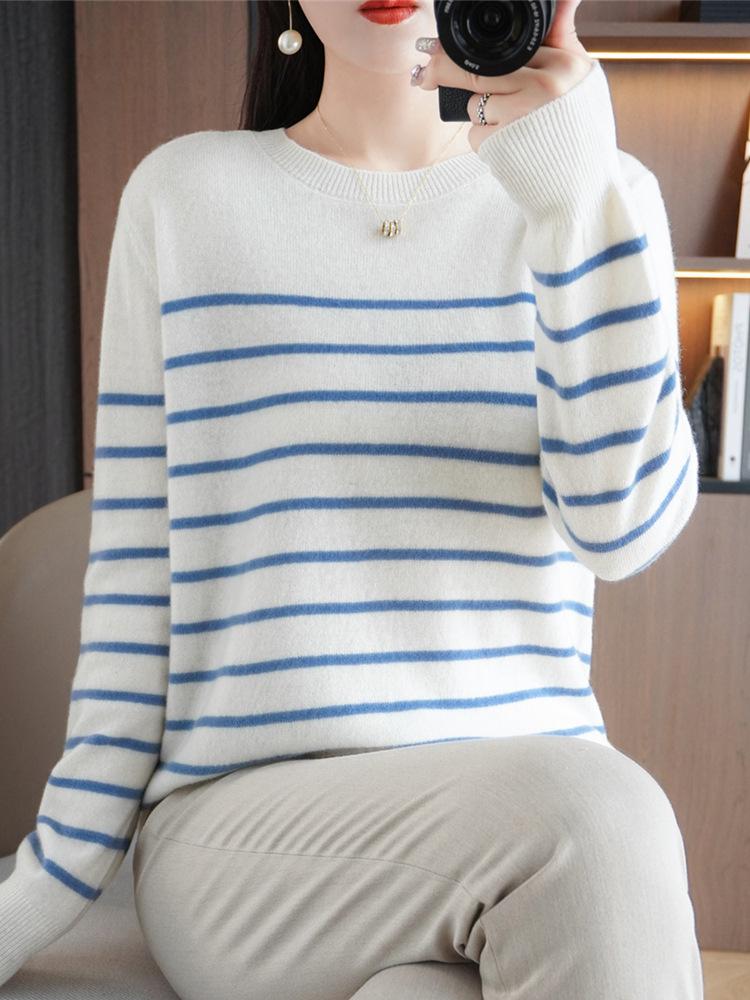 Women's Designer Striped Wool Knit Sweater - Contrasting Colors, Round Neck