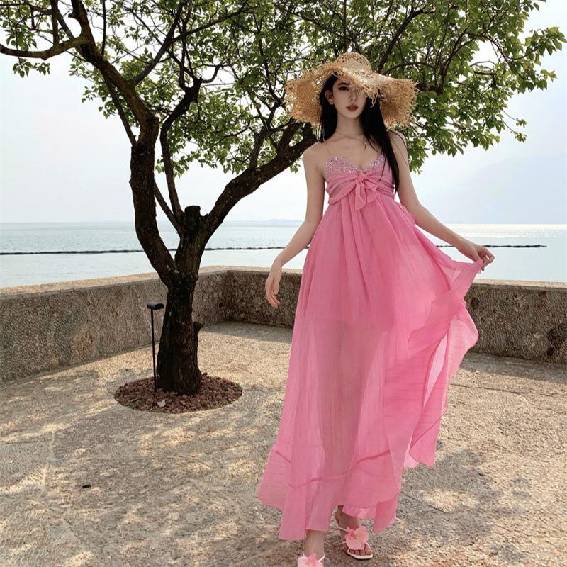 French Pink Ruffle Edge Suspender Dress Women's Summer Seaside Vacation Irregular Temperament Waist Long Skirt