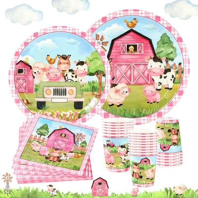Rosa Bauernhof Party Geburtstagsdekorationen Einweggeschirr Pappteller Becher Tischdecke Babyparty Kinder Jungen Mädchen Partydeko