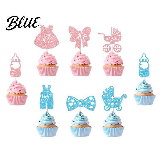 Glitter Paper Baby Theme Picks 12Pcs Boy Girl Birthday Cake Toppers Themed Cupcake with Party Supplies Bottle Stroller Bow Suit Cardboard