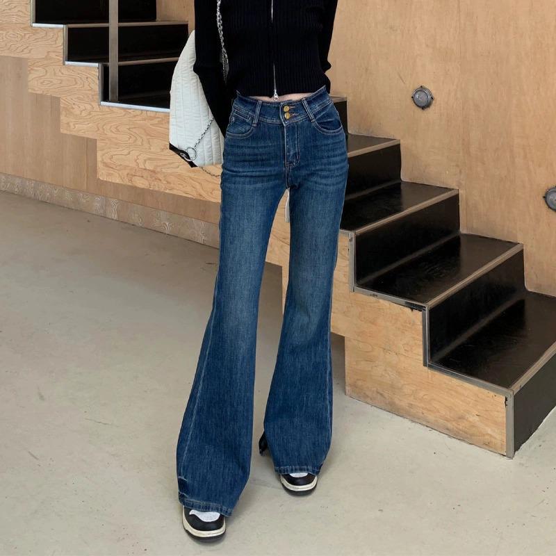 2026 Autumn/Winter High-Waisted Slim Korean Style Blue Micro-Flare Jeans S синий