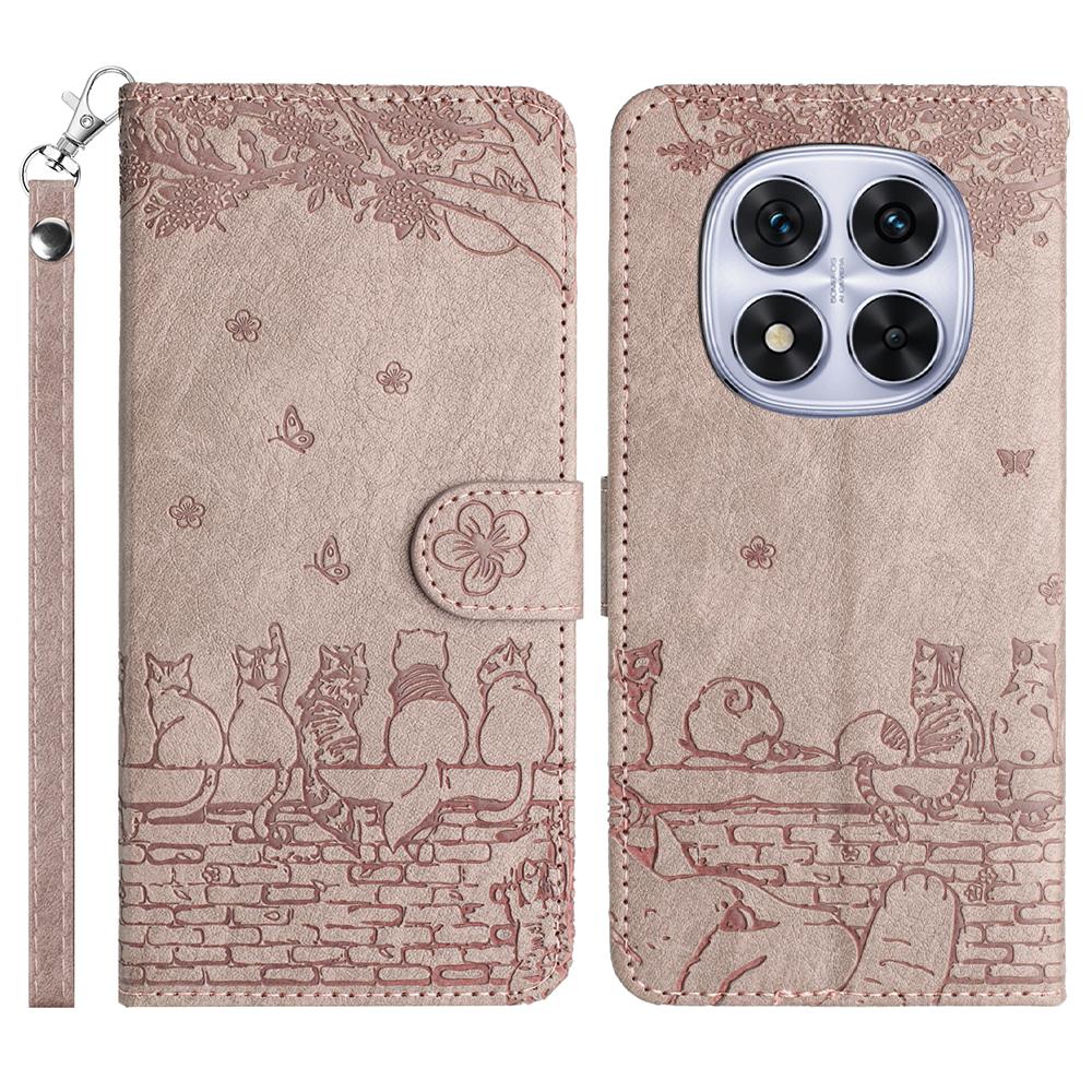 

Чохол для Xiaomi Redmi Note 14 Pro 4G зі шнурком на зап ястя Шкіряний чохол для телефону з візерунком настінних котів Smoky Purple