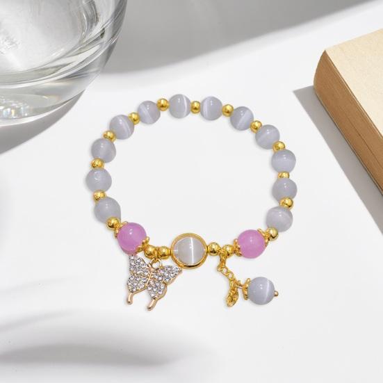 Women Bracelet with Elastic Cord Butterfly Pendant Tassel Faux Opal Contrast Color Good Fortune Symbolization Bestie Birthday Gift Wrist Jewelry