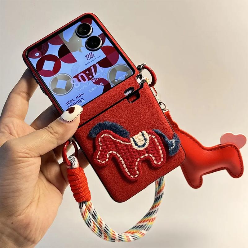 Horse Year Red Phone Case for Samsung Galaxy Z Flip7 Zflip6 Zflip5 4 /Xiaomi Mix flip/Xiaomi Mix Flip 2 Case 3d Embroidery Ponny Cover
