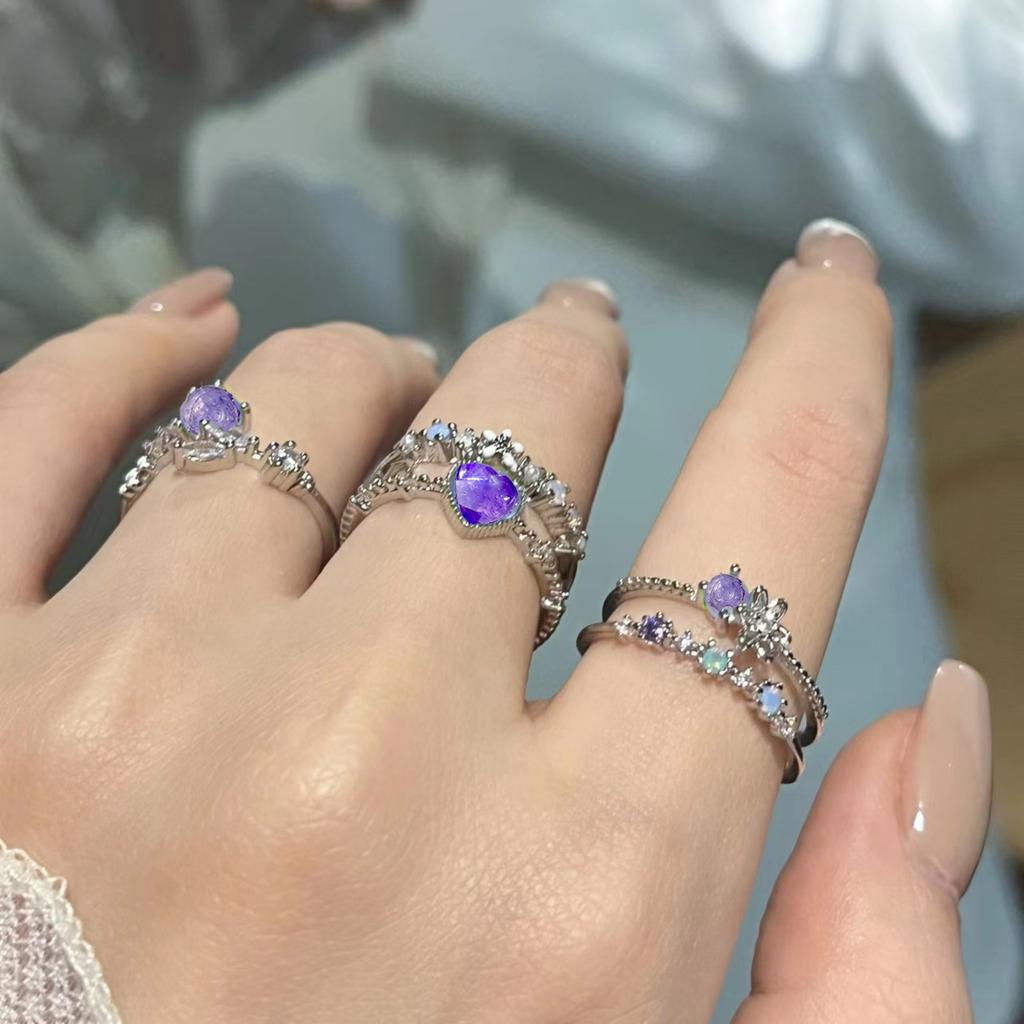 LATS 2PCS Crystal Crown Adjustable Ring Irregular Geometry Vintage Rings Set for Women Girls New Fashion Jewelry
