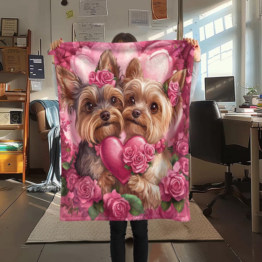 Yorkshire Terrier and Hearts pattern Flannel Blanket, High quality Comfortable for All Seasons, Home Decor, Warmth and Comfort, Perfect for Gifts.