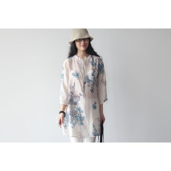 Spring/Summer Women's Cotton and Hemp Floral Shirts Large Size Loose Medium To Long Seven Sleeve Shirt