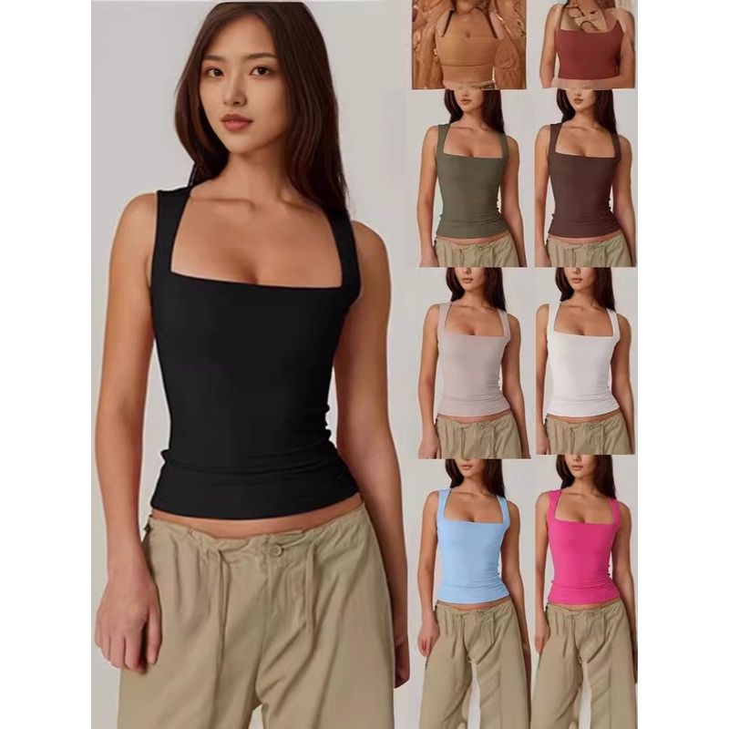 Square-Neck Sleeveless Vest T-shirt Fashion Solid Color Square Collar