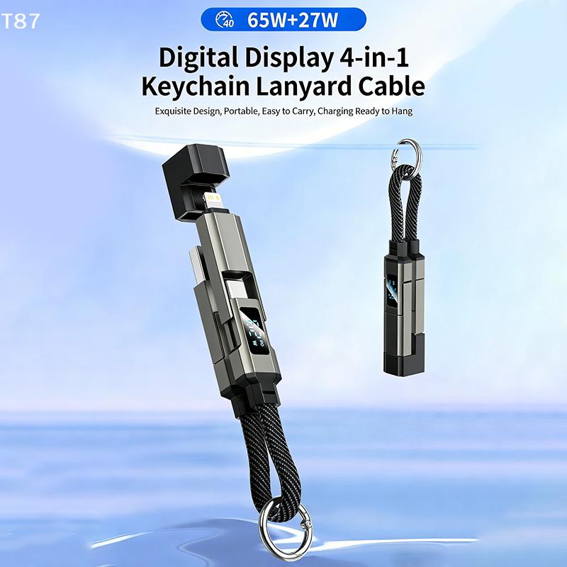 For Galaxy A17 4 In 1 Short Type C Keychain Lanyard Data Cables With LED Display,Braided PD Fast Charging Cord