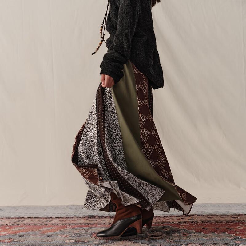 GREEN BELT Women's Retro Patchwork A-line Long Skirt