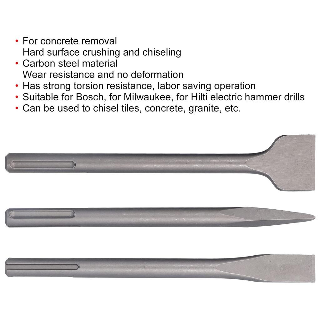 Hammer Drill Chisel Carbon Steel Scaling Flat Chisel Point Rotary Hammer Drill Bit for Tile and Concrete Work Durable and 3-Piece Set, Chisel, Chisel,