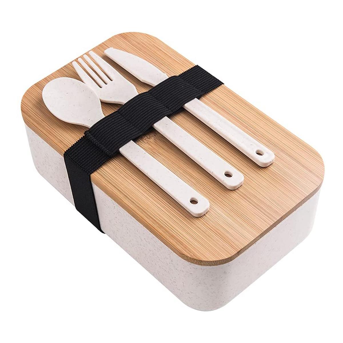 Ланч-бокс Bento с бамбуковой крышкой для взрослыхдетей герметичный контейнер для ланча включает набор столовых приборов переносной ланч-бокс в деревянном стиле 1000ml 2973₽