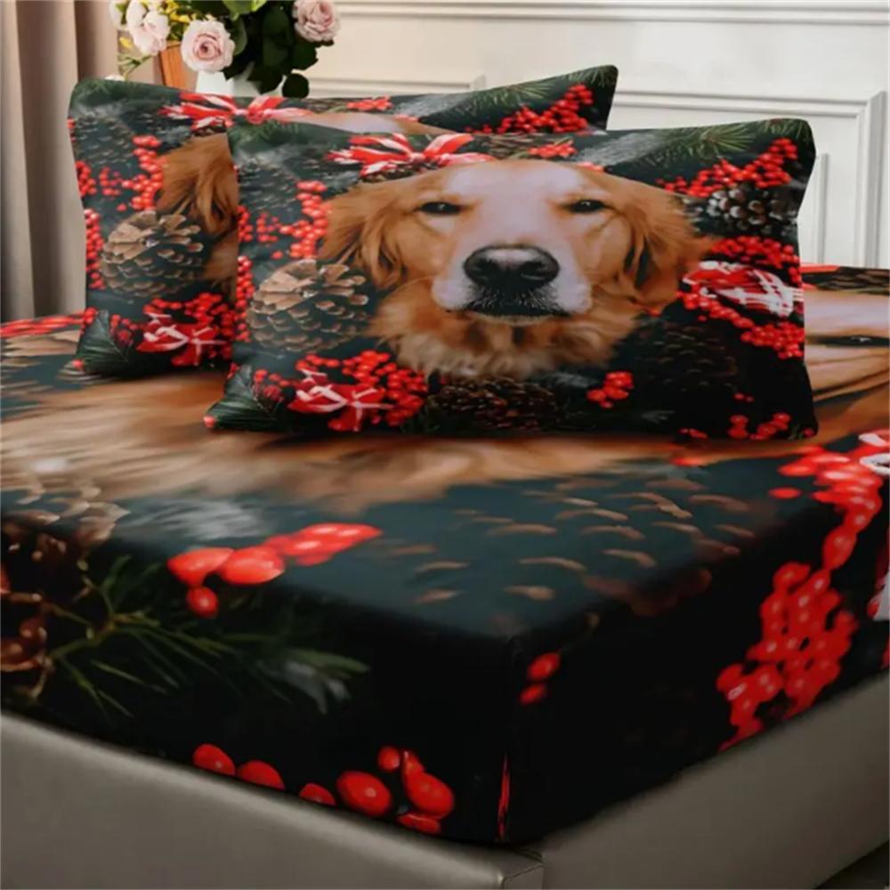 JIT3pcs 85G July Synthetic Polyester Christmas Golden Retriever Digital Fitted Sheet Three-piece Set, Soft, Comfortable, Bed