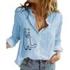Camisa abotonada de moda con cuello de solapa para mujer, blusa fina de lino y algodón para primavera y verano, blusas casuales con estampado de gato