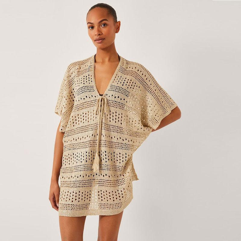 Women's V Neck Short Sleeve Crochet Knit Cover Up Dress Loose Fit Beach Tunic Dress
