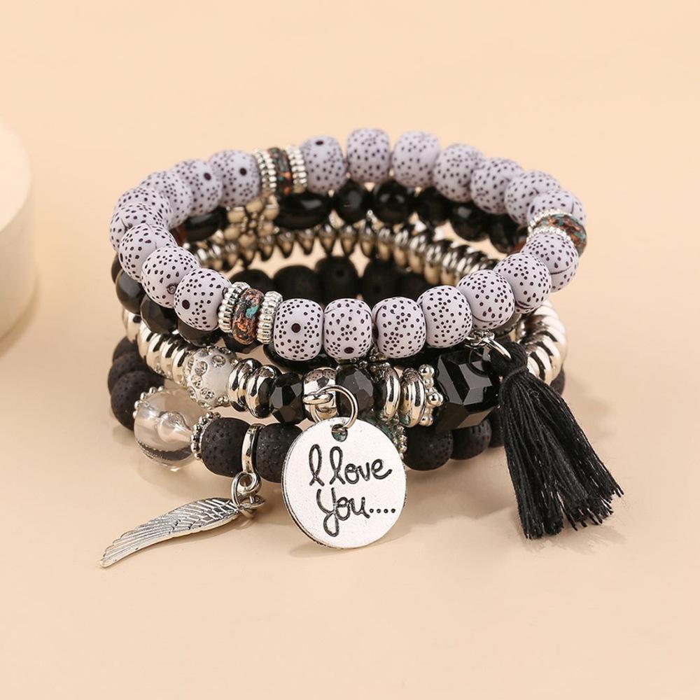 4 Piece/set Bohemian Vintage Multi-layer Handmade Beaded Wings Tassel Women s Bracelet Set чёрный
