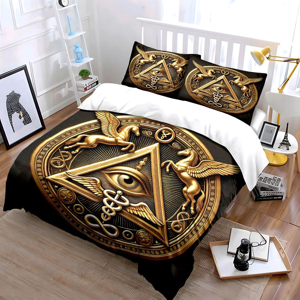 Golden Eye Triangle Decor Set Bedding Set With 1 Duvet Cover 2 Pillowcases Single Double King Queen, Gift