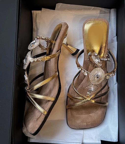 Romantic Bohemian Style~ Retro Exotic Rhinestone Chain High Heel Sandals Women's Thin Heel Light Luxury High Ji Feeling