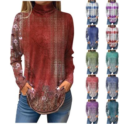 T-Shirts für Damen, lässig, langärmelig, Sweatshirt, Vintage-Stil, bedruckt, Stehkragen, Pullover