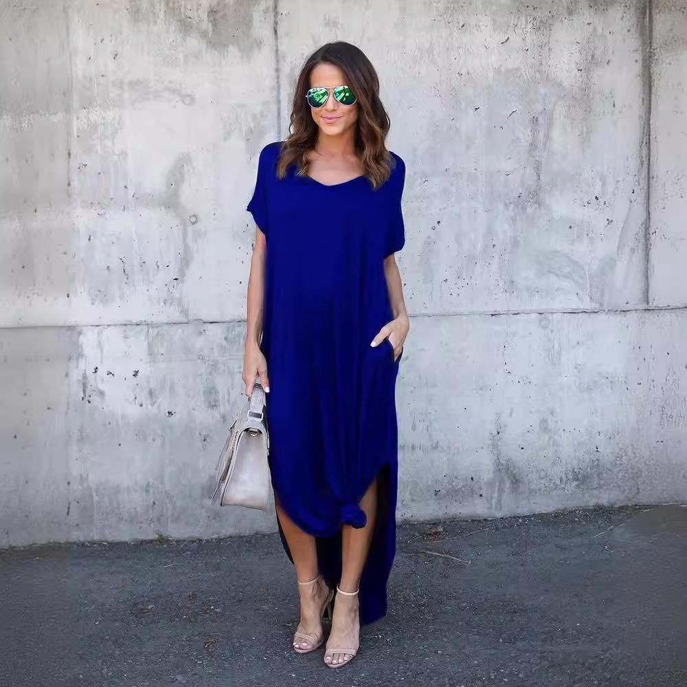 GMXIA Summer Solid Color Print V-neck Pocket Slit Dress