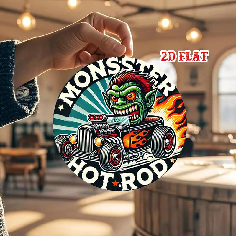 D Flat Pc Monster Hot Rod Round Wall Art Vintage Car Retro Style Flame Design Durable Aluminum IndoorOutdoor Decor