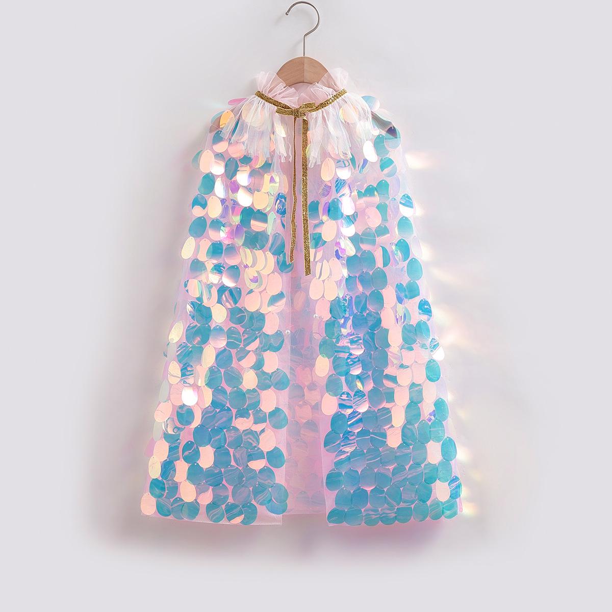 

«Новый стиль 2025 года, сетчатая накидка принцессы Эльзы для девочек с разноцветными пайетками — модный нарядный плащ»