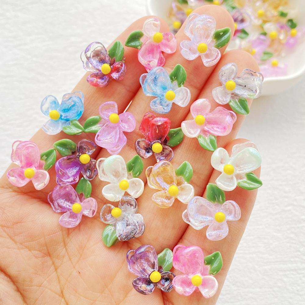 50Pcs Cute Cartoon Mini Colorful and Shiny Flowers Nail Art Resin Designer Charms DIY Craft For Nail 3D Decorations Jewelry