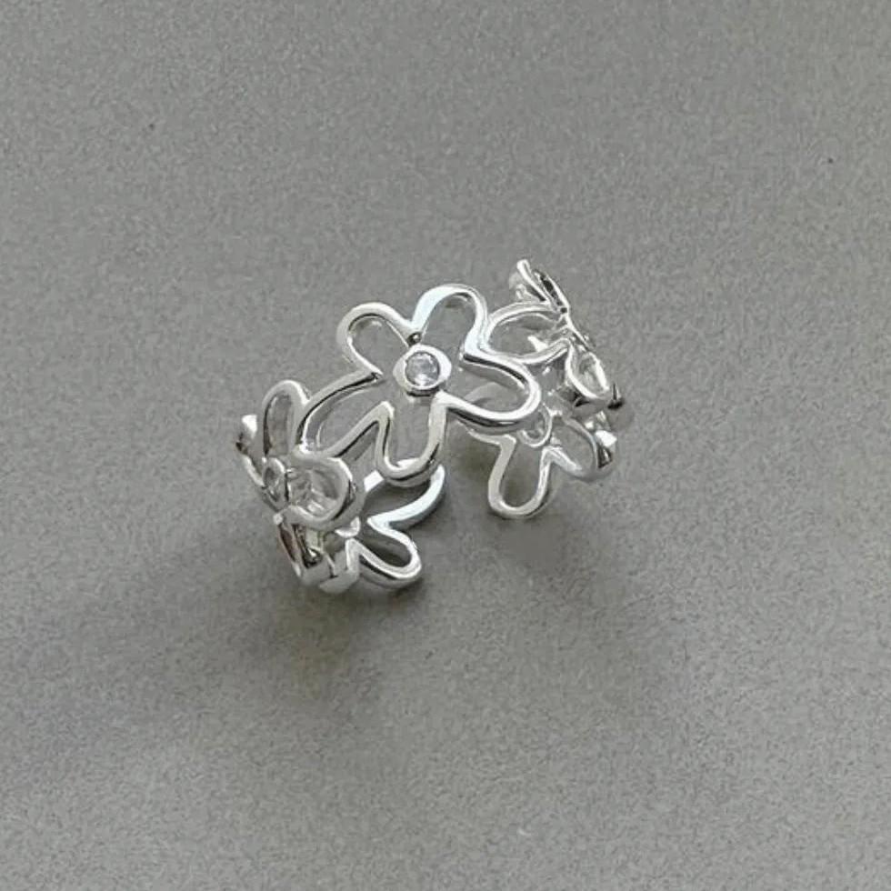 Adjustable Wide Band Floral Openwork Ring with Diamond Accents