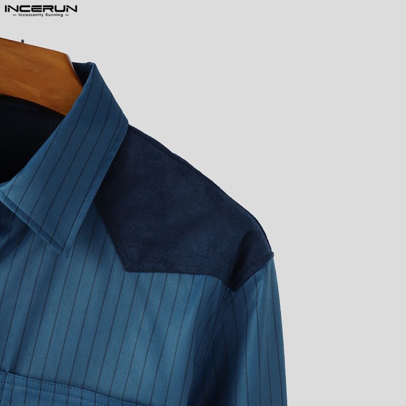 INCERUN S-5XL Men Lapel Neck Long Sleee Patchwork Striped Print Buttons Down Shirts