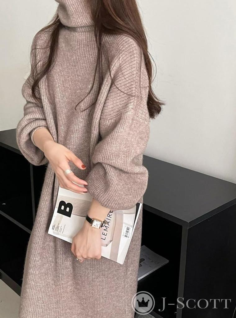 Knit Turtleneck Drop Shoulder Volume Sleeve Midi Length French Dowel Clothes Effect Large One Piece Puff Sleeves Delicate Look Loose Cute Off