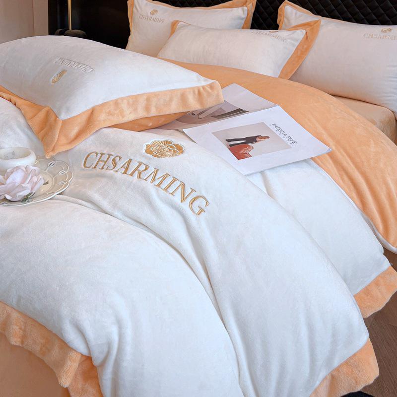 Matte Velvet 4-Piece Set: Non-Static, Solid Color, Wide-Edge Embroidery, Autumn/Winter Plus Velvet Fitted Sheet.