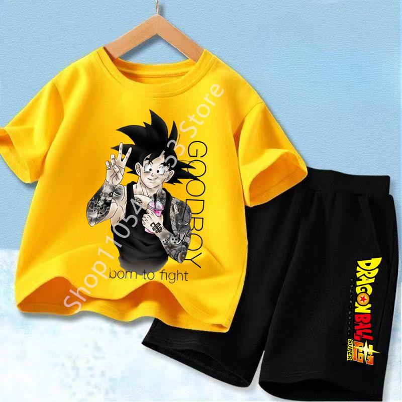 2026 Anime Cool Goku Dragon Ball Z Boys CosPlay Short Sleeve Shorts with Pocket Beach Pants Breathable Polyester T-shirt Kids Suit
