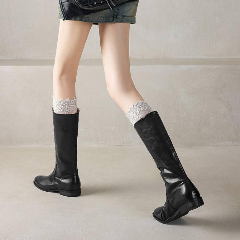 Autumn and winter women's leather knight boots middle heel square heel large size cowhide women's boots sleeve new versatile high boots women