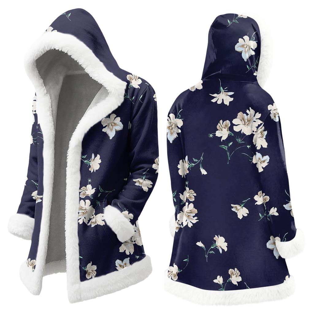 Unisex Casual And Fashionable Plush Collar Hooded Long Sleeved Floral Gradient Printing Jacket