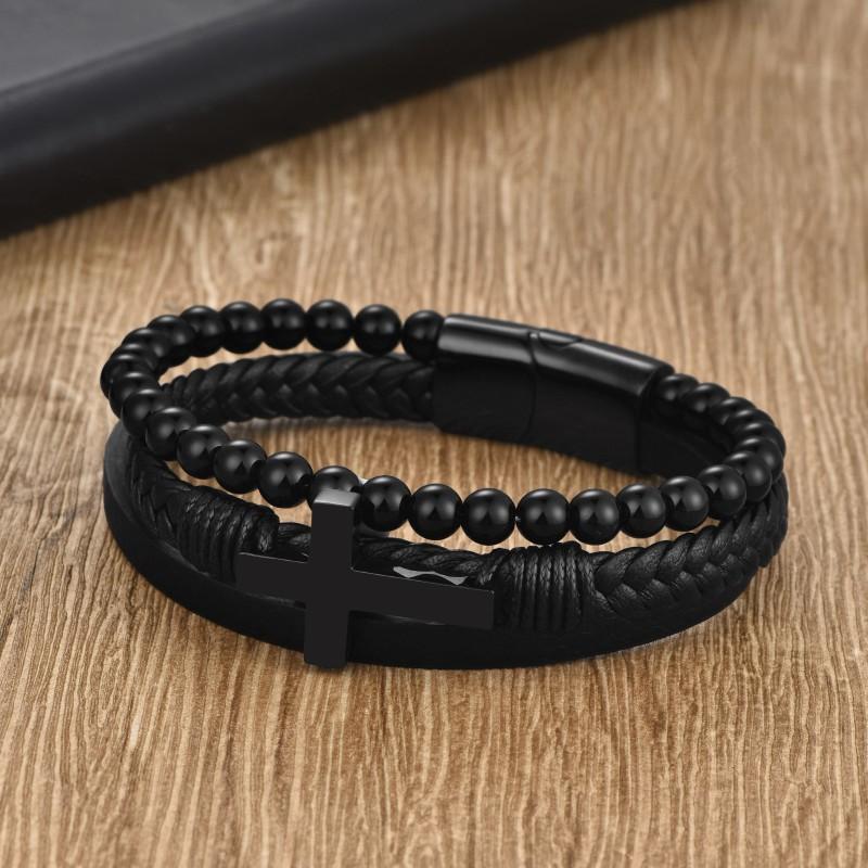 Herren Edelstahl Kreuz Anhänger Geflochtenes Kunstleder Armband Street Style Geometrischer Charm Armband Tägliches Tragen