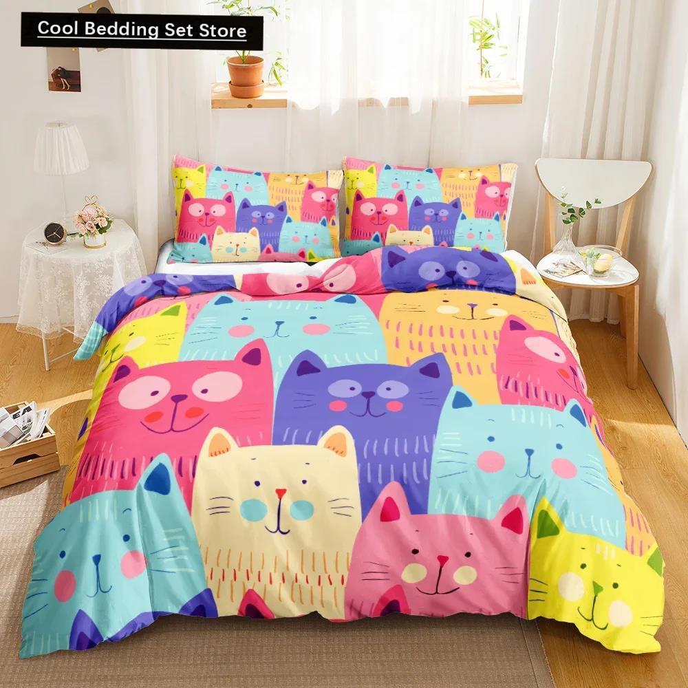3PCS Single-sided Printed Bedding Set ,Comforter Cartoon Cute Cat Duvet Bedding Cover Pillows Comfortable Bedspreads BeddingSet