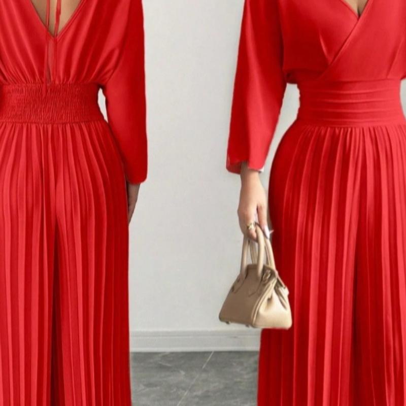 Pantaloni a gamba larga a vita alta alla moda, eleganti, tinta unita, scollo a V, manica corta, plissettati, tuta intera da donna, stile da pendolare
