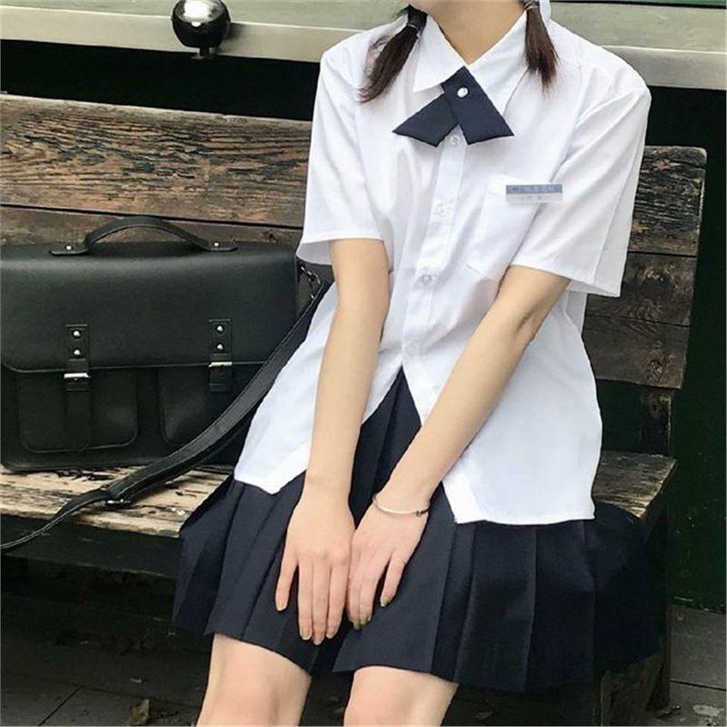 Thai JK Basic Short-Sleeved Uniform Square Neck Shirt - Milk White