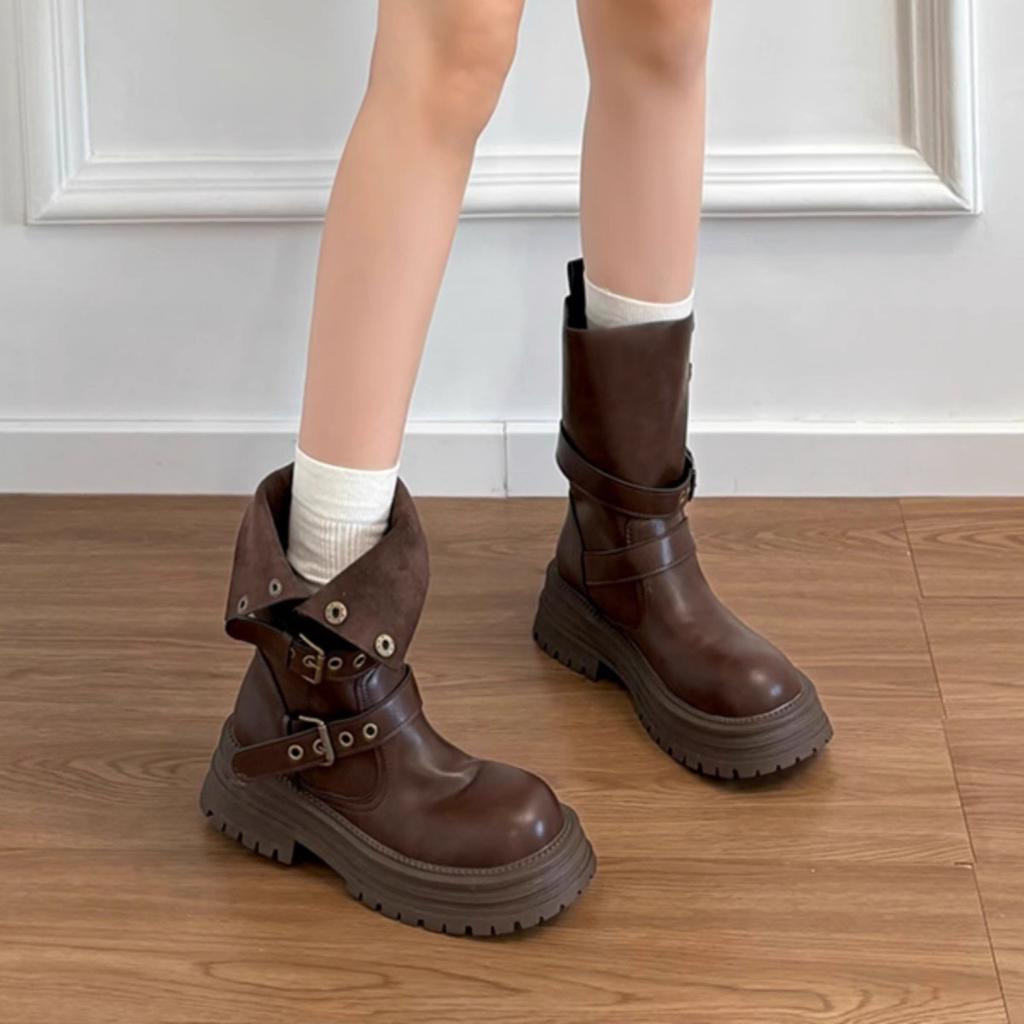 Cowhide version~ Leather platform Maillard medium tube short boots women's 2025 new British style retro brown Martin boots
