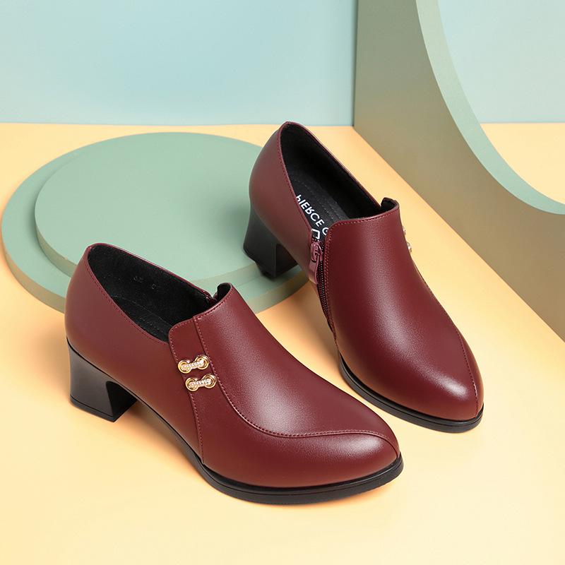 Burgundy Chunky Heel Soft Leather Shoes for Women - Spring & Autumn 2022, Comfortable for Middle-Aged & Elderly