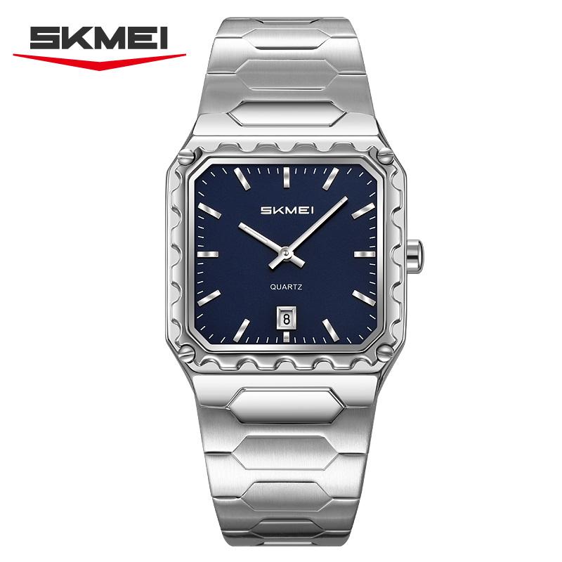 SKMEI 9383 Men's Quartz Watch for Men Stainless Steel Fashion Sports Waterproof Silver Wrist Watch Luxury New Simple Square