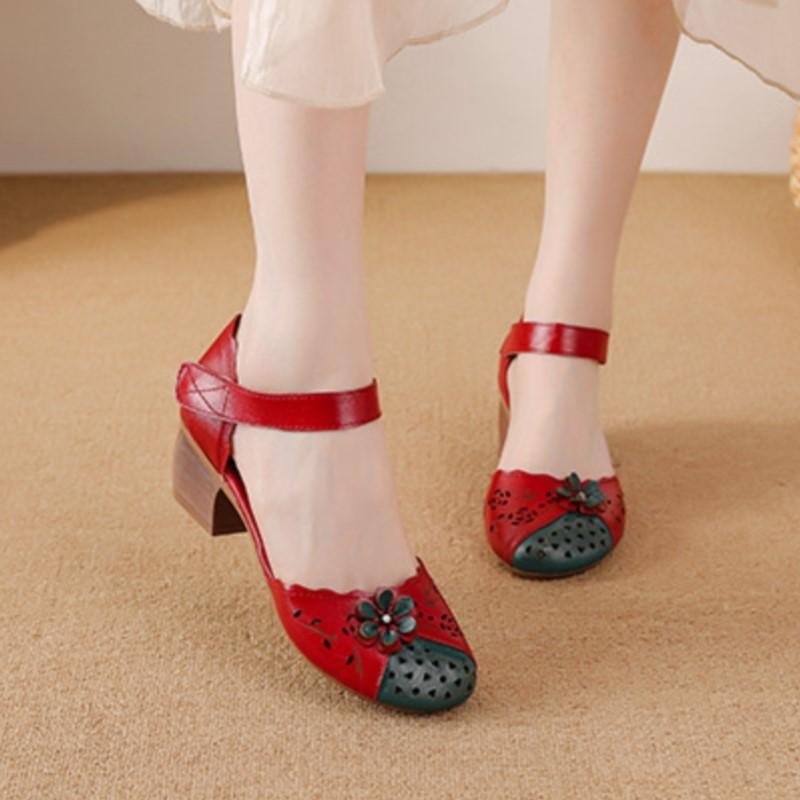 Johnature Ethnic Style Sandals Genuine Leather Thick Heel Flower Mixed Colors Women's Shoes