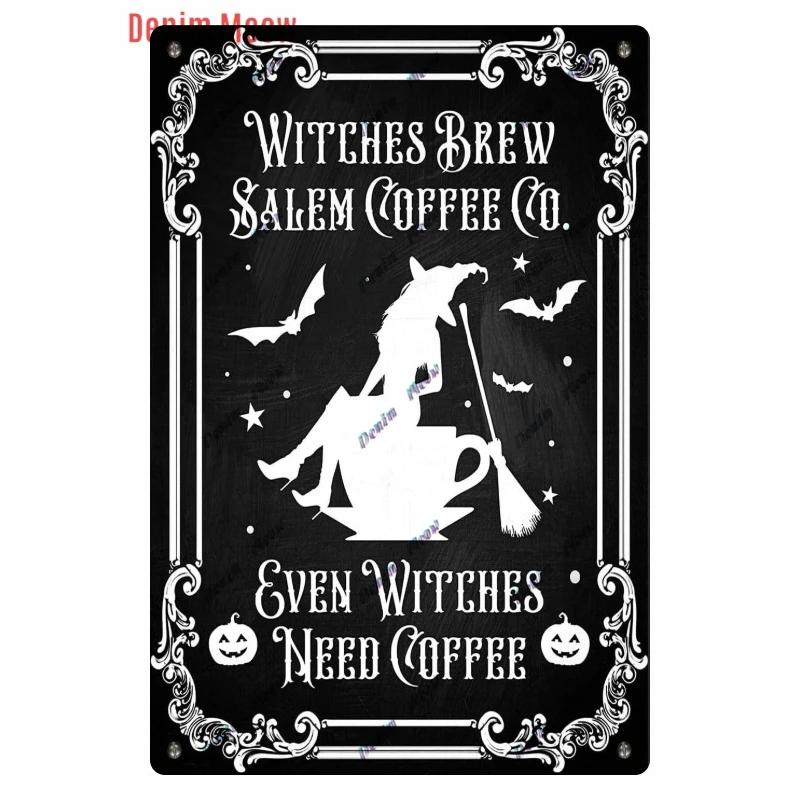 Vintage Witch Halloween Wall Art Poster, No Trespassing Metal Sign, Warning Tin Plates for Gift, Bar Party, Room Decoration WY68
