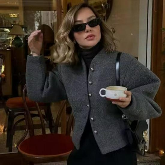European & American Style Women's Fashion Long Sleeve Coat with Button Detail
