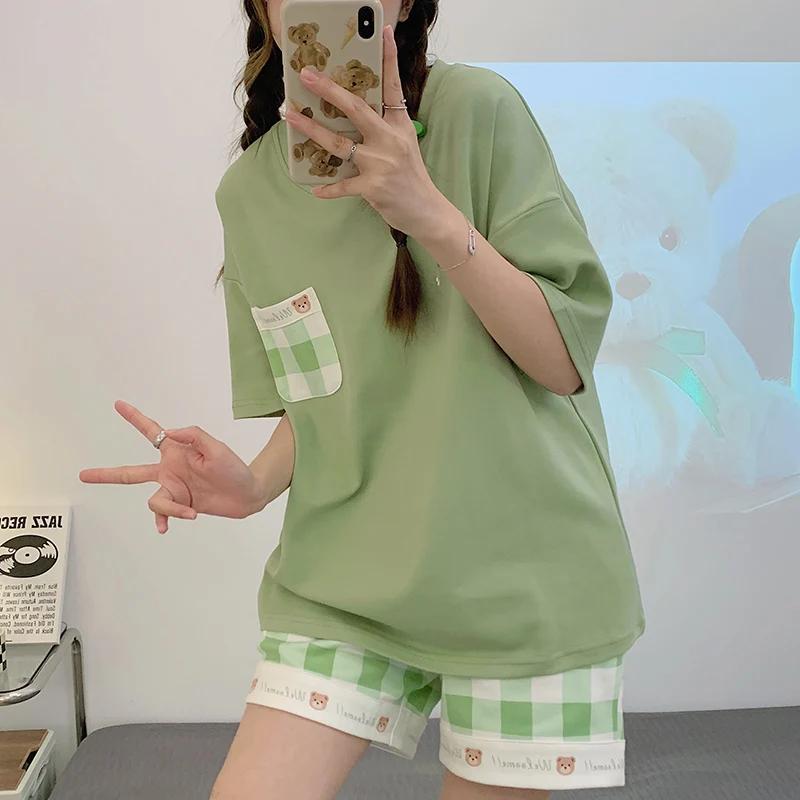 Summer Woman Pajama Cotton Cartoon Sleepwear Orange Cartoon Printing Pyjamas Set Young Lady Shorts Pullover Lingeries