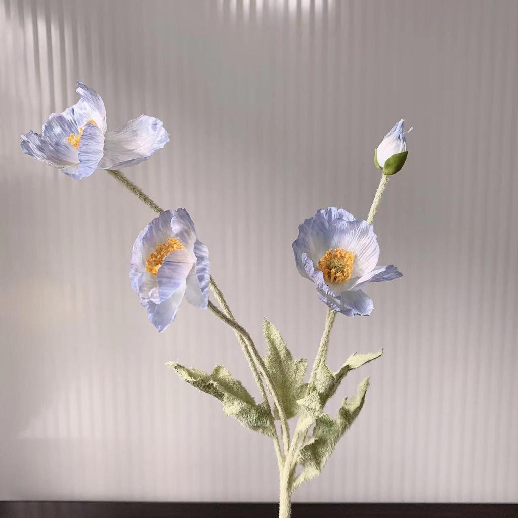 Artificial Poppy Flower - 4 Head Silk Flocked Floral Decoration & Photography Prop
