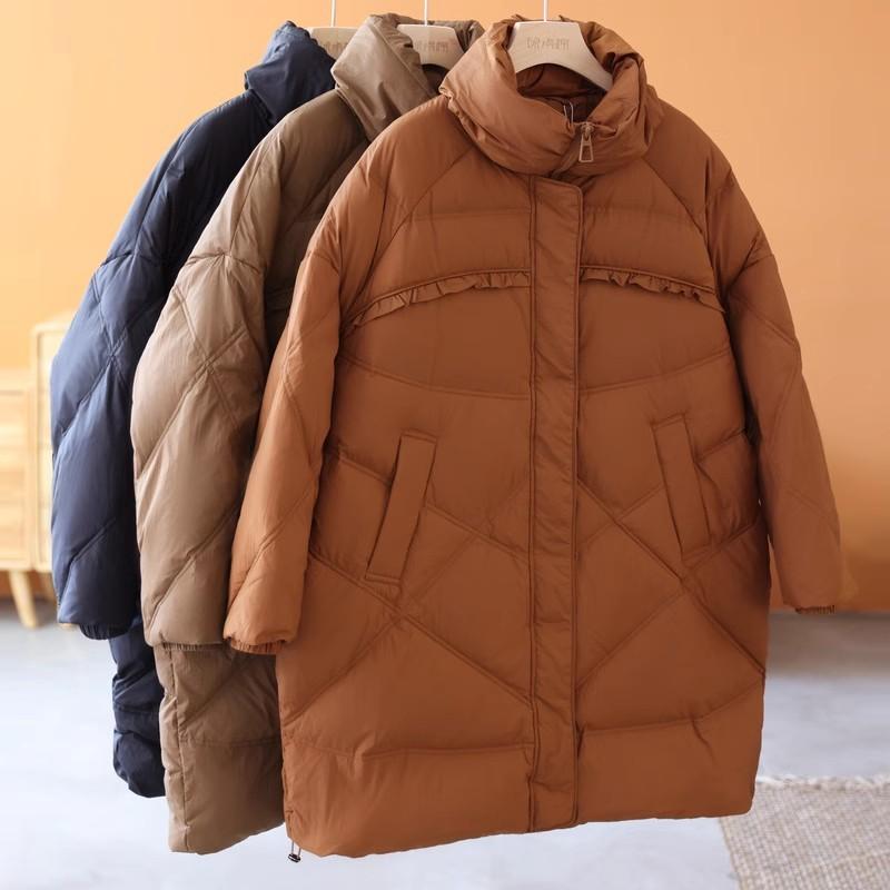 Large size medium and long down jacket for women's 2024 winter thickened retro fungus edge warm loose stand-up jacket