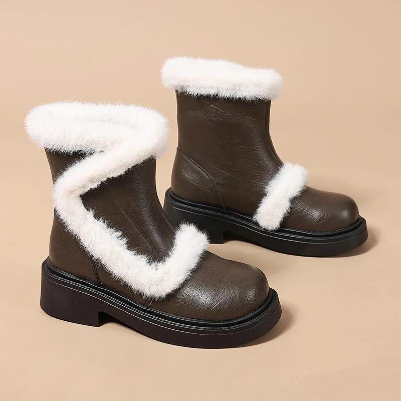 

Fashion Women s Thick Heel Cotton Boots Winter New Round Head Sleeve Splicing Thick Sole Anti-slip Wear-resistant Mid-calf Boots 40 коричневый